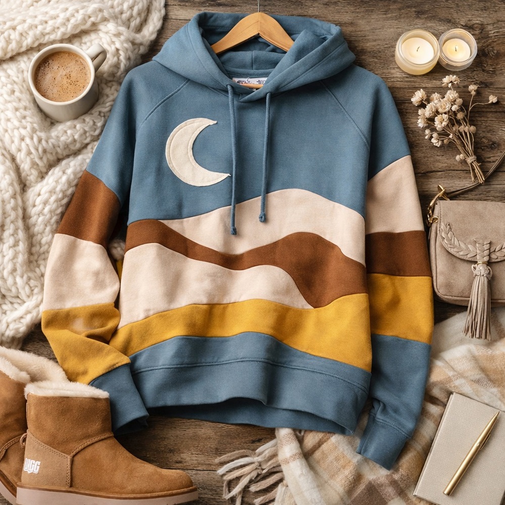 Simply Southern Moon Hoodie L Cozy Colorblock Boho Western Sweatshirt Oversized - Picture 7 of 7